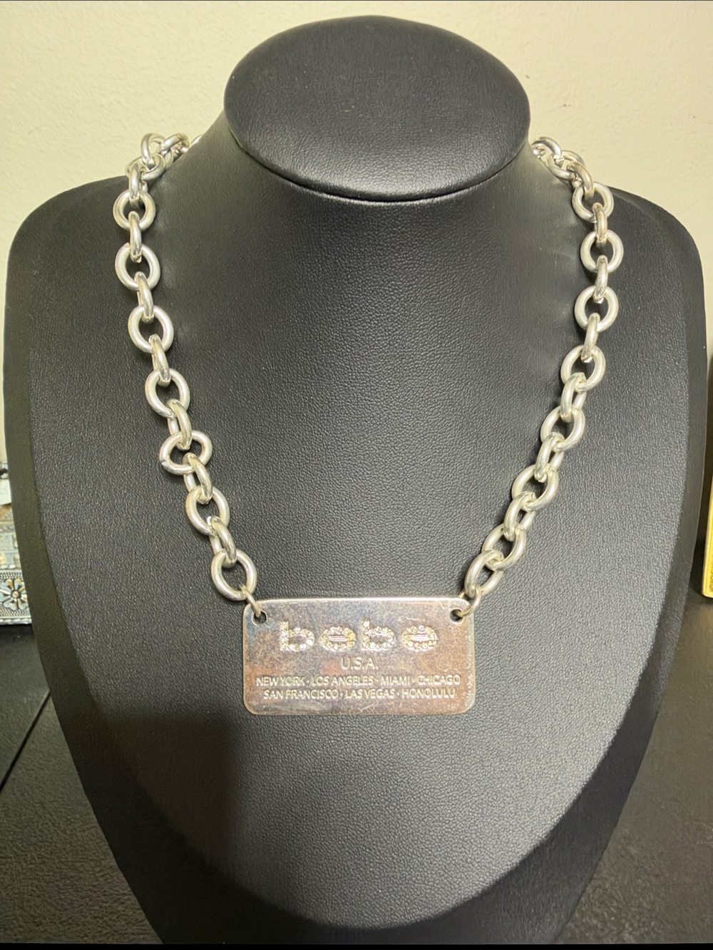Y2K bebe Silver-Tone Logo Plate Chain Necklace Rhinestone Fashion Retro